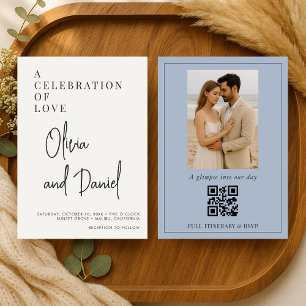 Dusty Blue Script Photo QR Code Wedding Invitation