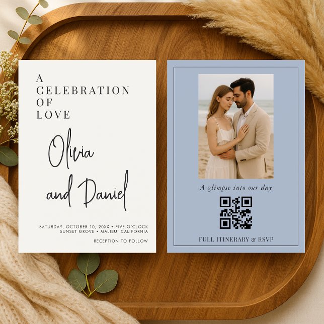 Dusty Blue Script Photo QR Code Wedding Invitation (Creator Uploaded)