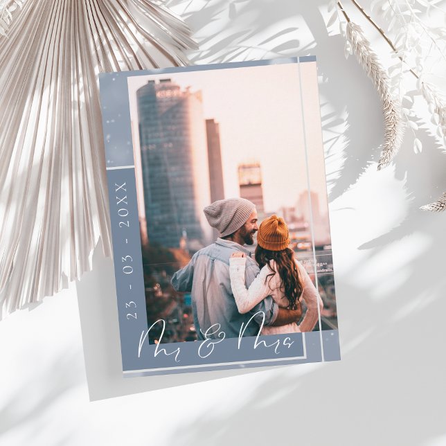 Dusty Blue Script Photo Save the Date Card (Creator Uploaded)