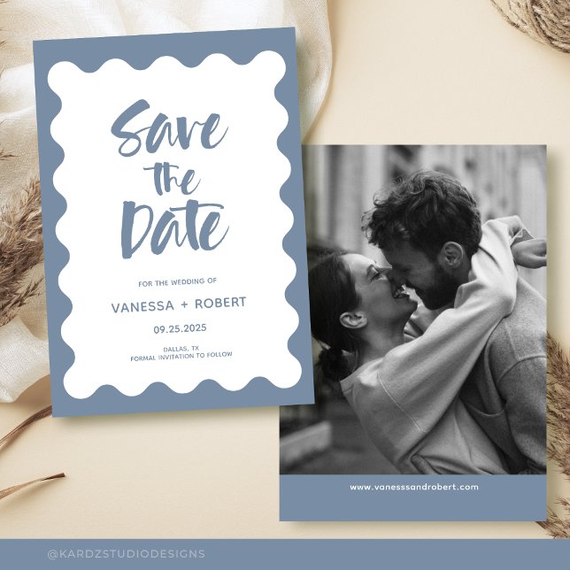 Dusty Blue Script Photo Save The Date Invitation (Modern Dusty Blue Photo Save The Date. with scallop frame and script, Black and white photo webpage.)