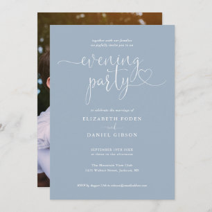 Dusty Blue Script Photo Wedding Evening Party Invitation