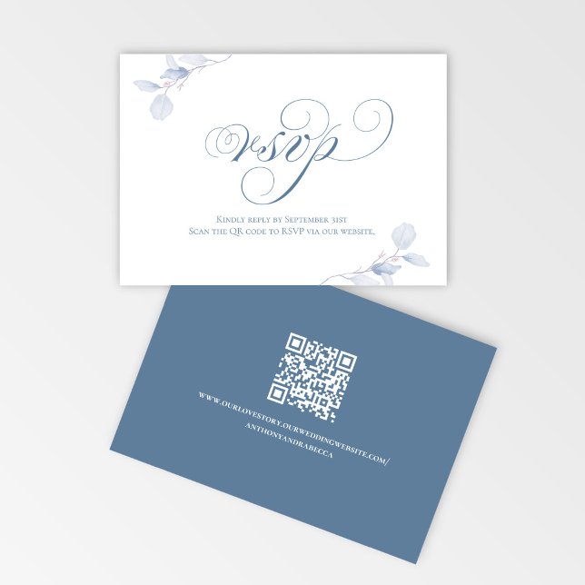 Dusty Blue Script QR Wedding RSVP Card (Double sided dusty blue RSVP card with website link and modern QR code design)