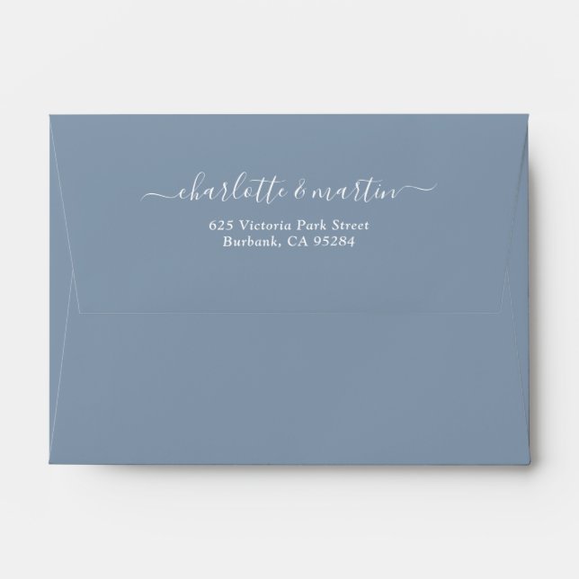 Dusty Blue Script Return Address Wedding A6 Envelope (Back (Top Flap))