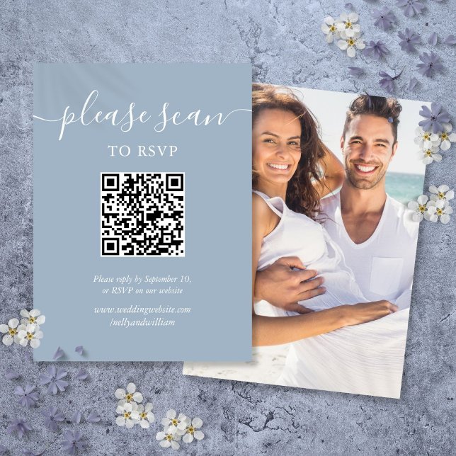Dusty Blue Script RSVP QR Code Photo Enclosure Card (Dusty Blue Script RSVP QR Code Photo Enclosure Card)