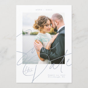 Dusty Blue Script Save the Date Photo Card