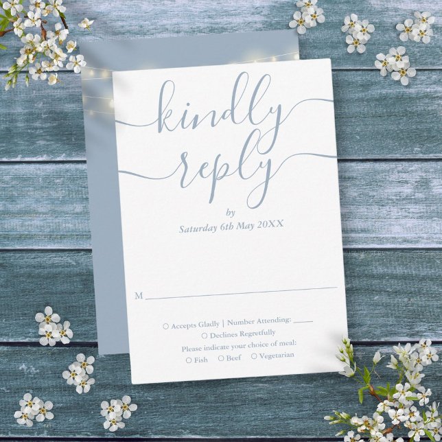 Dusty Blue Script String Lights Wedding RSVP Card (Dusty Blue Script String Lights Wedding RSVP Card)