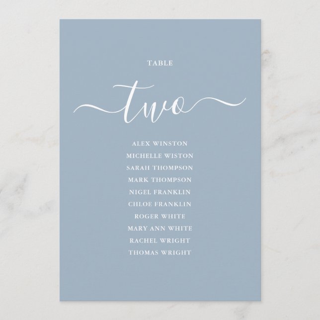 Dusty Blue Script Table Number 2 Seating Chart (Front)
