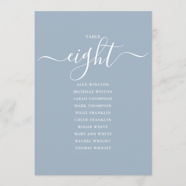 Dusty Blue Script Table Number 8 Seating Chart (Front)