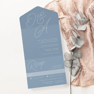 Dusty Blue   Script Watermark Monogram Wedding All In One Invitation