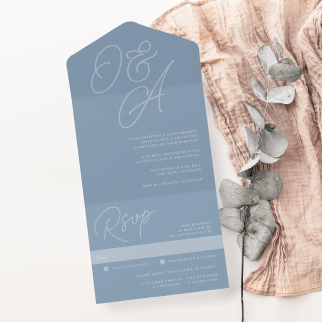 Dusty Blue | Script Watermark Monogram Wedding All In One Invitation (Creator Uploaded)