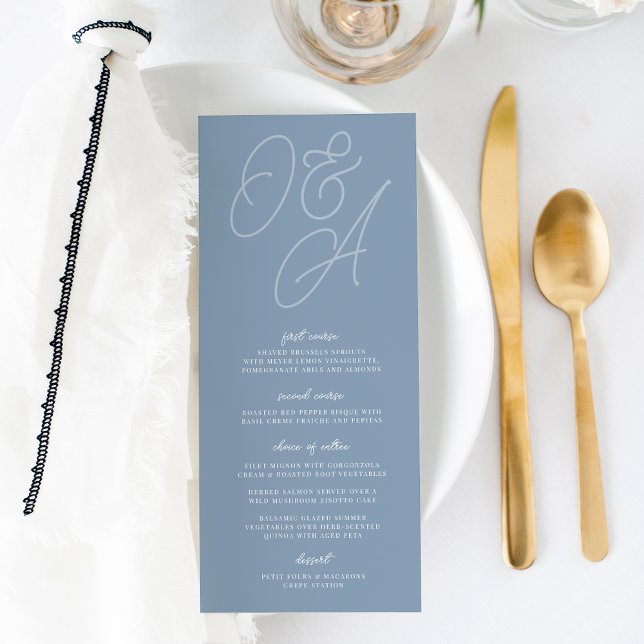 Dusty Blue | Script Watermark Monogram Wedding Menu (Creator Uploaded)