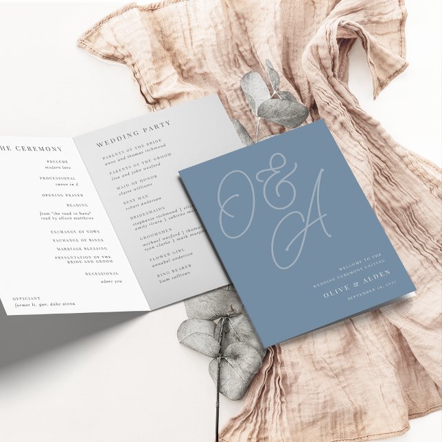 Dusty Blue | Script Watermark Monogram Wedding Programme (Creator Uploaded)
