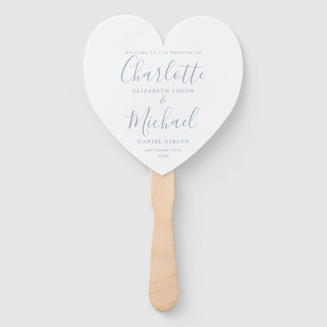 Dusty Blue Script Wedding Ceremony Heart Hand Fan (Front)