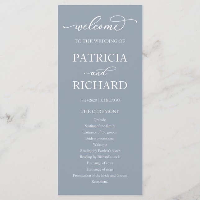 Dusty Blue Script Wedding Ceremony Program Programme (Front)