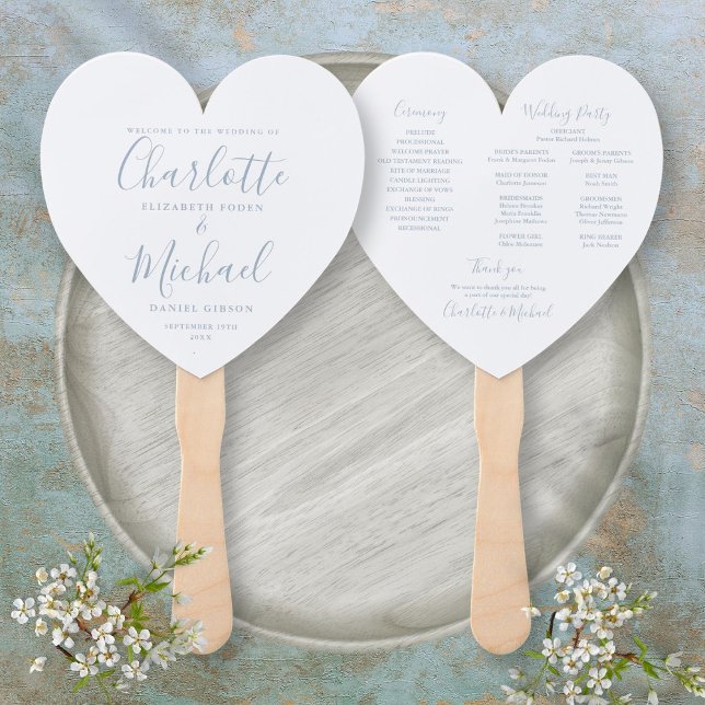 Dusty Blue Script Wedding Program Heart Hand Fan (Dusty Blue Script Wedding Program Heart Hand Fan)
