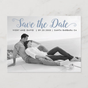 Dusty blue script wedding Save the Date photo Postcard