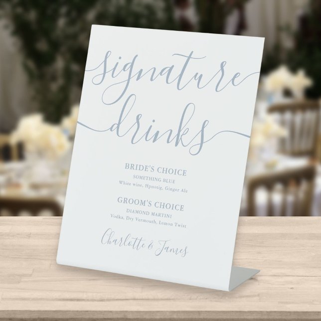 Dusty Blue Script Wedding Signature Drinks  Pedestal Sign (Creator Uploaded)