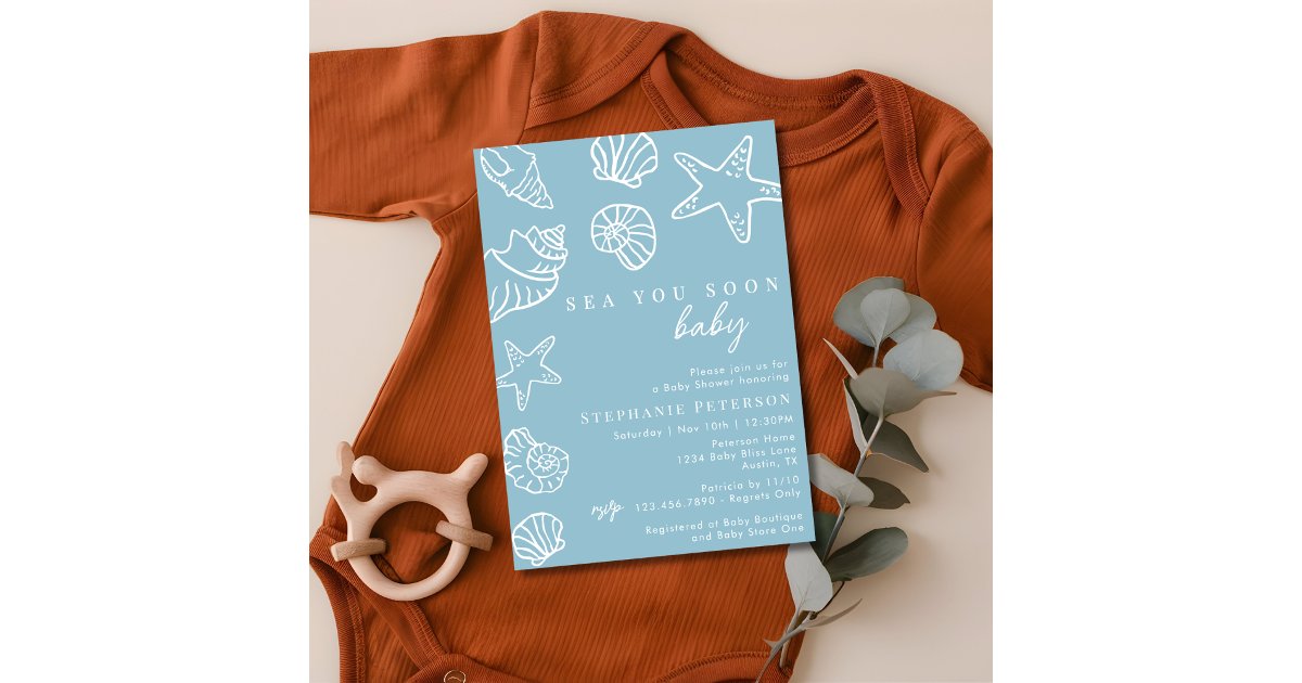 Dusty Blue Sea You Soon Coastal Beach Baby Shower Invitation | Zazzle
