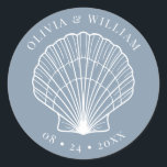 Dusty Blue Seashell Beach Coastal Wedding  Classic Round Sticker<br><div class="desc">These dusty blue coastal wedding stickers feature a scallop shell encircled at the top and bottom with the names of the bride and groom and the wedding date. Please see the collection for the matching wedding invitation suite and more matching products.</div>