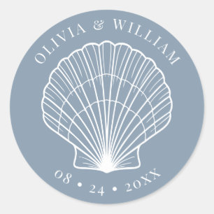 Dusty Blue Seashell Beach Coastal Wedding  Classic Round Sticker