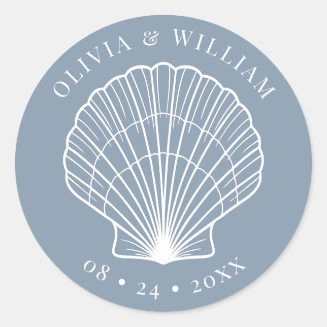 Dusty Blue Seashell Beach Coastal Wedding  Classic Round Sticker (Front)