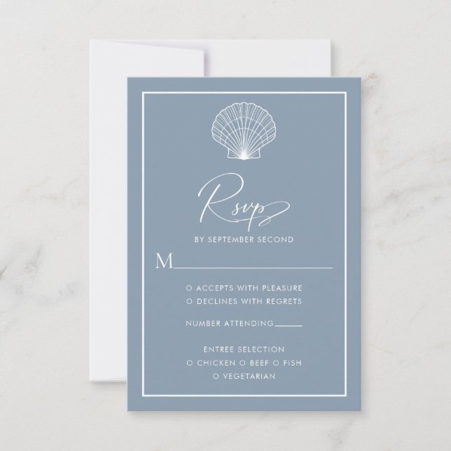 Dusty Blue Seashell Beach Wedding Elegant RSVP Card (Front)