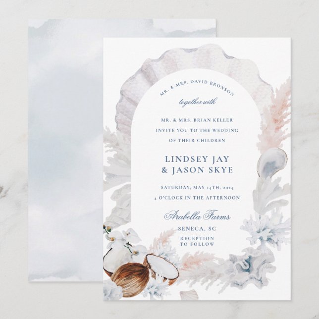 Dusty Blue Seashell Pampas Beach Arch Wedding Invitation (Front/Back)