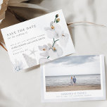 Dusty Blue Seashell White Orchid Beach With Photo Save The Date<br><div class="desc">Dusty Blue Seashell White Orchid Beach With Photo Save The Date This watercolor bridal shower features white orchids and blush pampas white dusty blue corals creating perfect beach wedding. It is perfect for beach, summer, blush, tropical, dusty blue, destination, oceanic themed wedding. You can edit/personalise whole Template. If you need...</div>