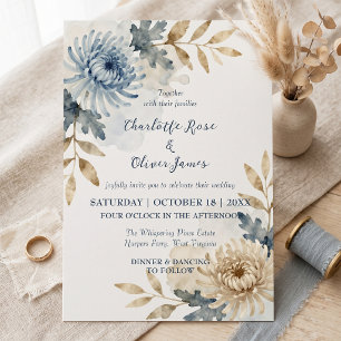 Dusty Blue & Sepia Watercolor Floral Fall Wedding Invitation