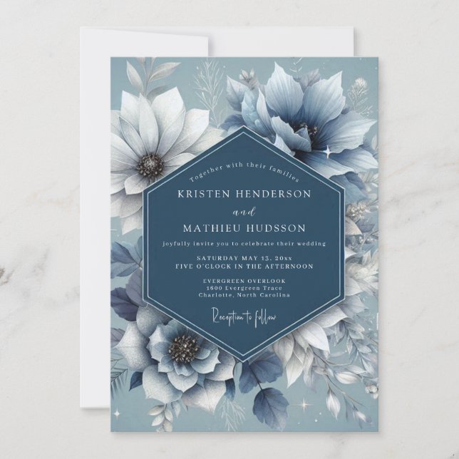 Dusty Blue Serene Anemone Wedding Invitation (Front)