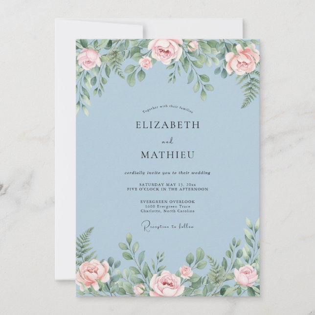 Dusty Blue Serene Springtime Wedding Invitation (Front)