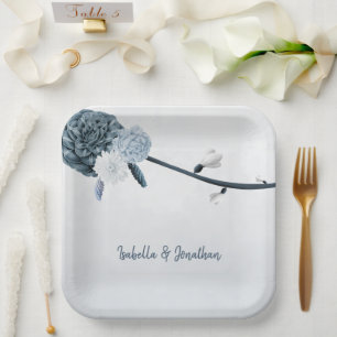 dusty blue shades flowers botanical paper plate