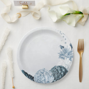 dusty blue shades flowers botanical paper plate