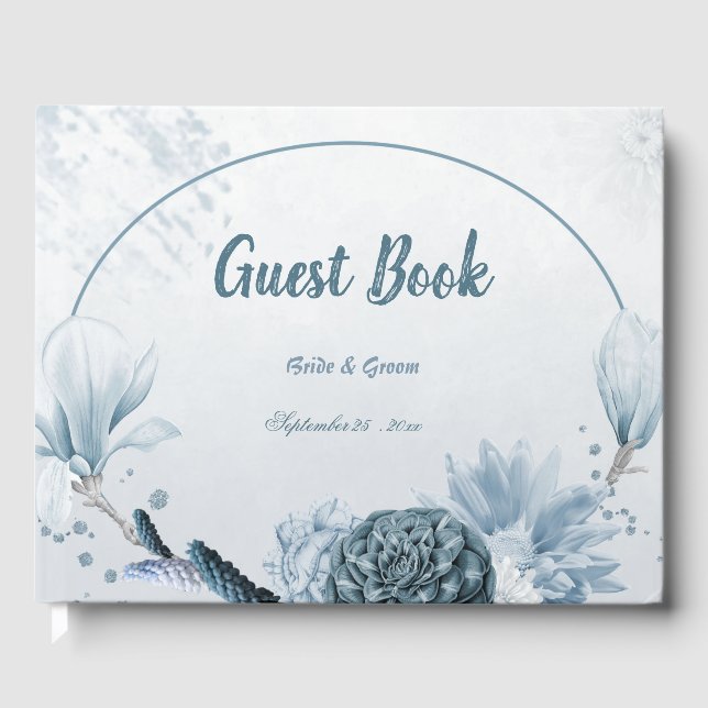 dusty blue shades flowers romantic guest book (Front)
