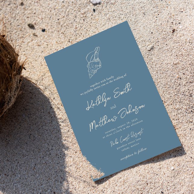 Dusty Blue Shell Beach Ocean Destination Wedding Invitation (Creator Uploaded)