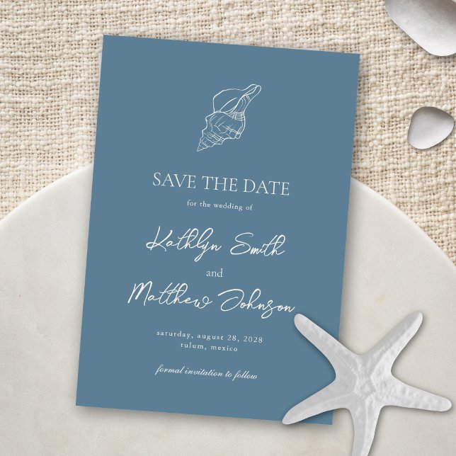 Dusty Blue Shell Beach Ocean Destination Wedding Save The Date (Creator Uploaded)