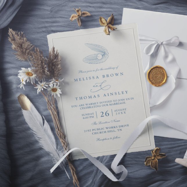 Dusty Blue Shell Beach Ocean Elegant Chic Wedding Invitation (Creator Uploaded)