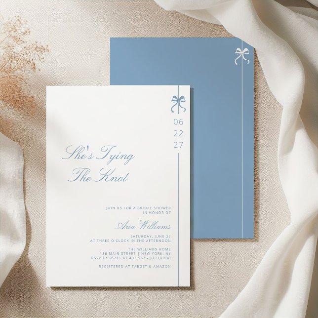 Dusty Blue She's Tying The Knot Bow Bridal Shower Invitation (Creator Uploaded)