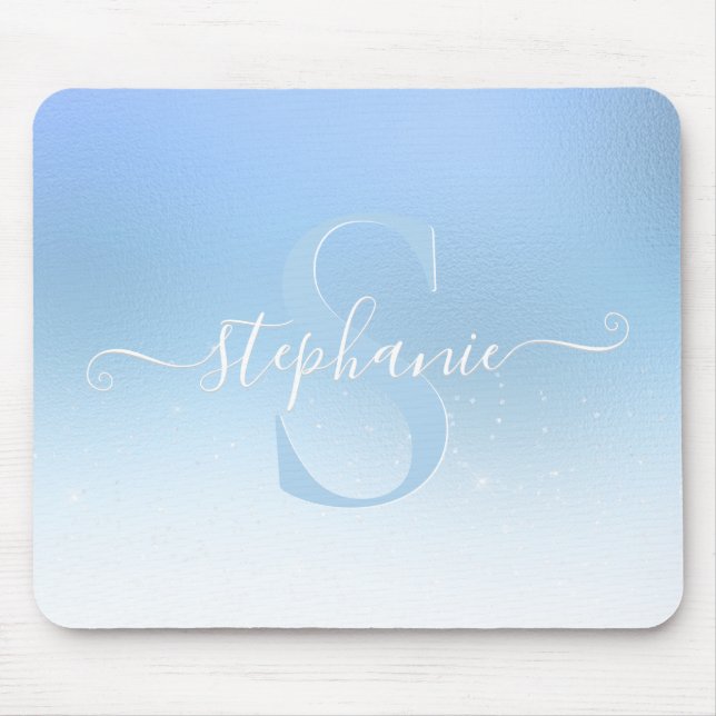 Dusty Blue Shimmer Sparkle Glitter Monogram Mouse Mat (Front)