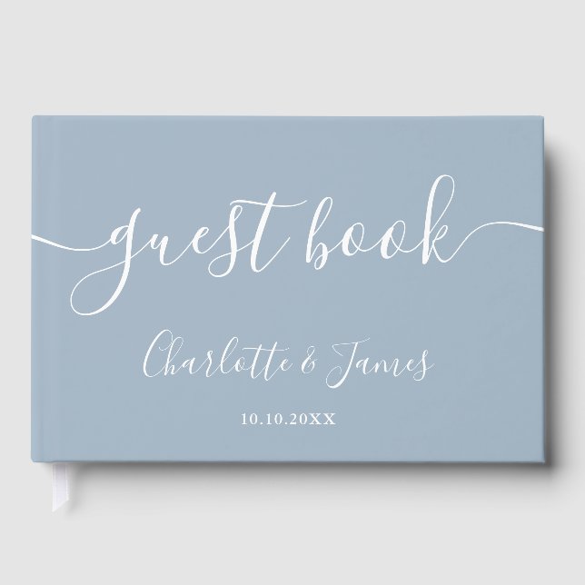Dusty Blue Signature Script Photo Wedding Guest Book (Front)