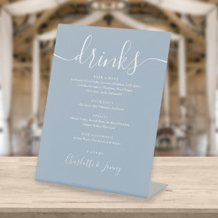 Dusty Blue Signature Script Wedding Drinks Menu Pedestal Sign