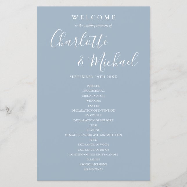 Dusty Blue Signature Script Wedding Program (Front)