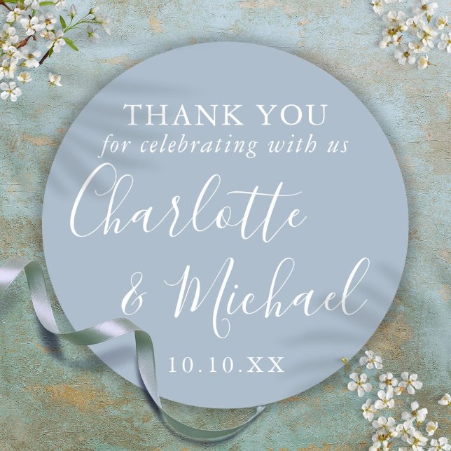 Dusty Blue Signature Wedding Favour Thank You Classic Round Sticker (Dusty Blue Signature Wedding Favor Thank You Classic Round Sticker)