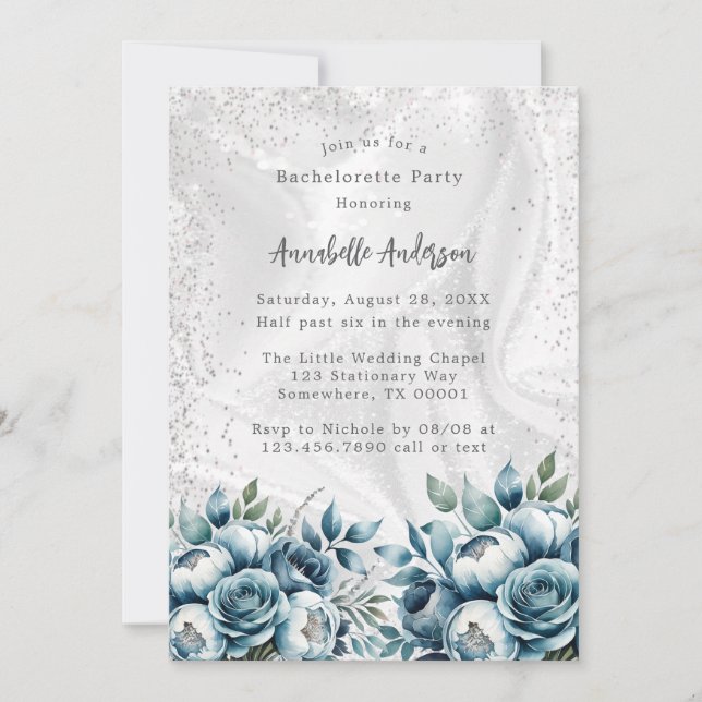 Dusty Blue Silver Bouquet Bachelorette Party Invitation (Front)