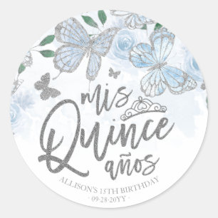 Dusty Blue Silver Butterfly Quinceanera Classic Round Sticker