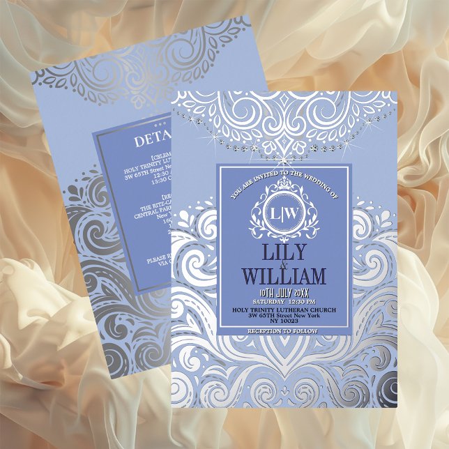 Dusty Blue Silver Classic Monogram Boho Wedding (Luxurious Elegant Classic Boho Wedding Invitation - Real Foil and Monogram)