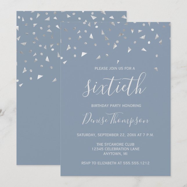 Dusty Blue Silver Confetti 60th Birthday Party Invitation (Front/Back)