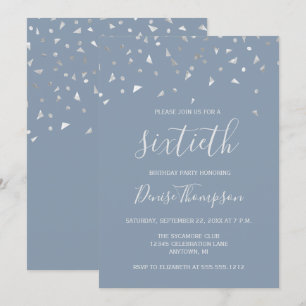 Dusty Blue Silver Confetti 60th Birthday Party Invitation