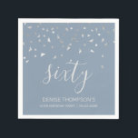 Dusty Blue Silver Confetti 60th Birthday Party Napkin<br><div class="desc">Help them celebrate their 60th birthday in style with this simple but elegant design, featuring faux silver triangular confetti sifting down on the word "sixty" in light grey handwriting font on a dusty blue background. Personalise it with the name of the honoree in light grey sans serif font, along with...</div>