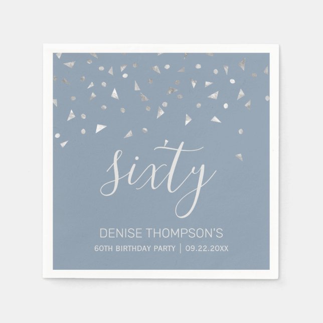 Dusty Blue Silver Confetti 60th Birthday Party Napkin (Front)